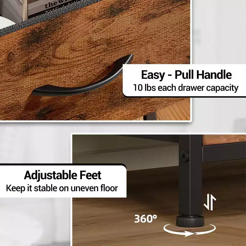Modern Tall Bedside table with LED Lights - 4 Fabric Drawers, Top Shelf, Steel Frame, Narrow Cabinet for Bedroom, Dorm, Hallway Sofa Side Table