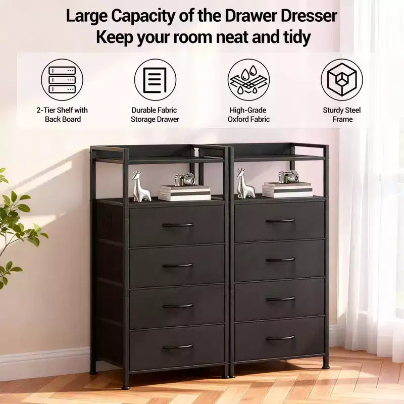Modern Tall Bedside table with LED Lights - 4 Fabric Drawers, Top Shelf, Steel Frame, Narrow Cabinet for Bedroom, Dorm, Hallway Sofa Side Table