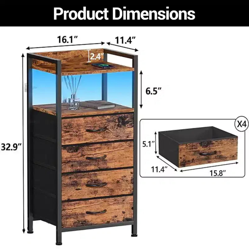 Modern Tall Bedside table with LED Lights - 4 Fabric Drawers, Top Shelf, Steel Frame, Narrow Cabinet for Bedroom, Dorm, Hallway Sofa Side Table