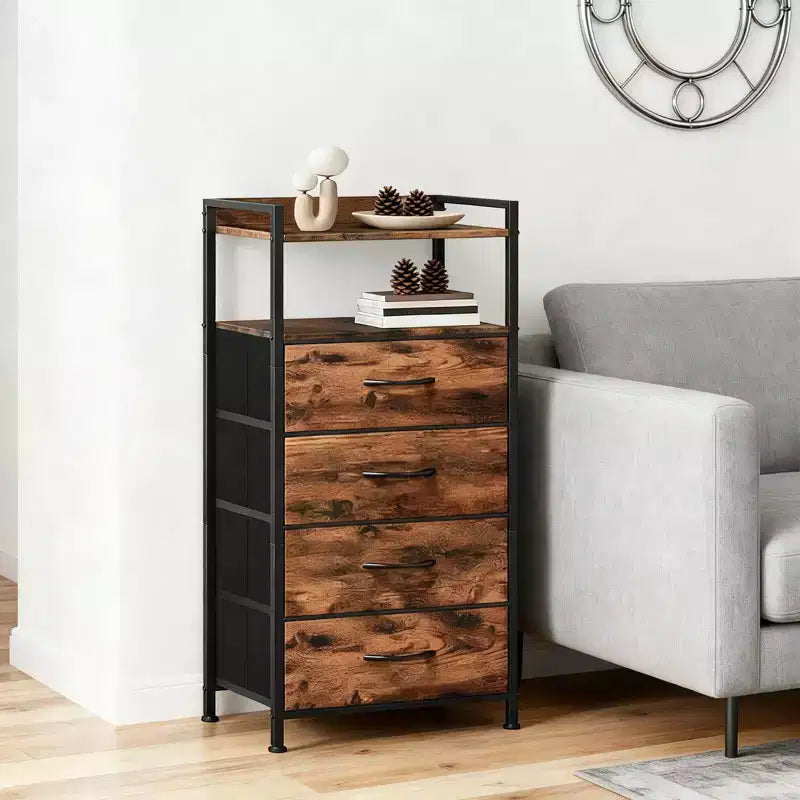 Modern Tall Bedside table with LED Lights - 4 Fabric Drawers, Top Shelf, Steel Frame, Narrow Cabinet for Bedroom, Dorm, Hallway Sofa Side Table