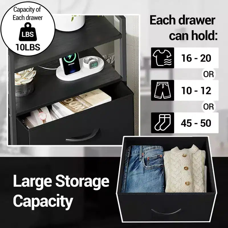 Modern Tall Bedside table with LED Lights - 4 Fabric Drawers, Top Shelf, Steel Frame, Narrow Cabinet for Bedroom, Dorm, Hallway Sofa Side Table