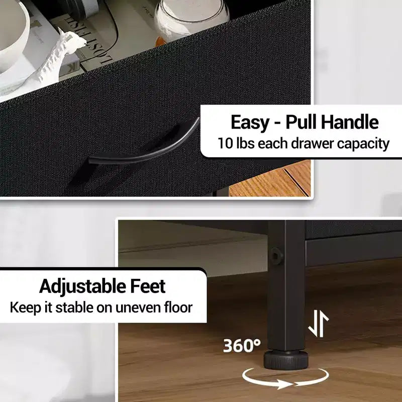Modern Tall Bedside table with LED Lights - 4 Fabric Drawers, Top Shelf, Steel Frame, Narrow Cabinet for Bedroom, Dorm, Hallway Sofa Side Table