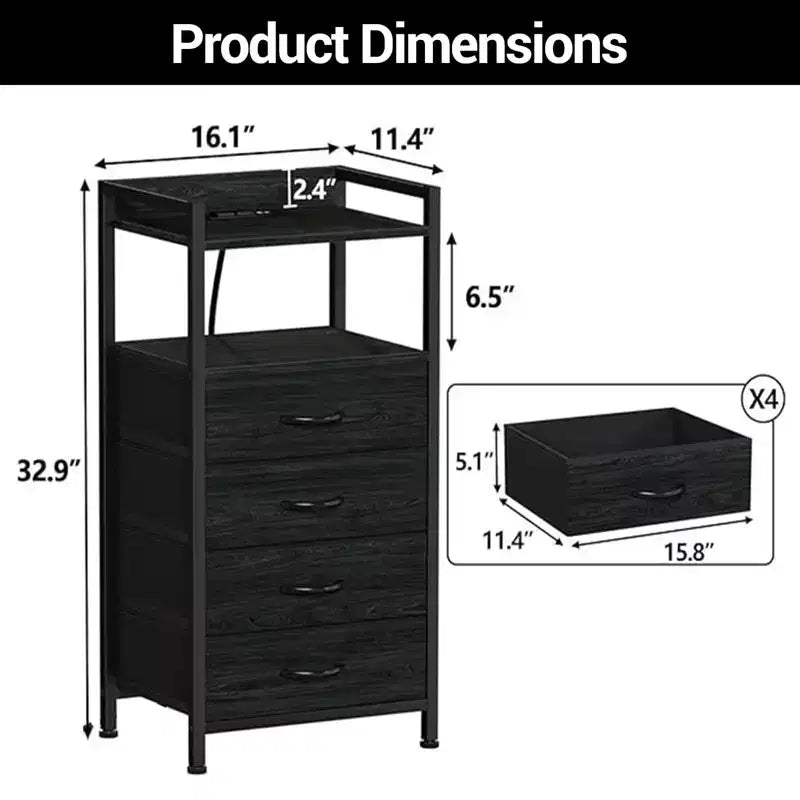 Modern Tall Bedside table with LED Lights - 4 Fabric Drawers, Top Shelf, Steel Frame, Narrow Cabinet for Bedroom, Dorm, Hallway Sofa Side Table