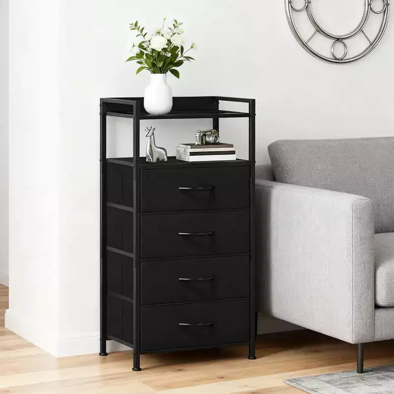 Modern Tall Bedside table with LED Lights - 4 Fabric Drawers, Top Shelf, Steel Frame, Narrow Cabinet for Bedroom, Dorm, Hallway Sofa Side Table