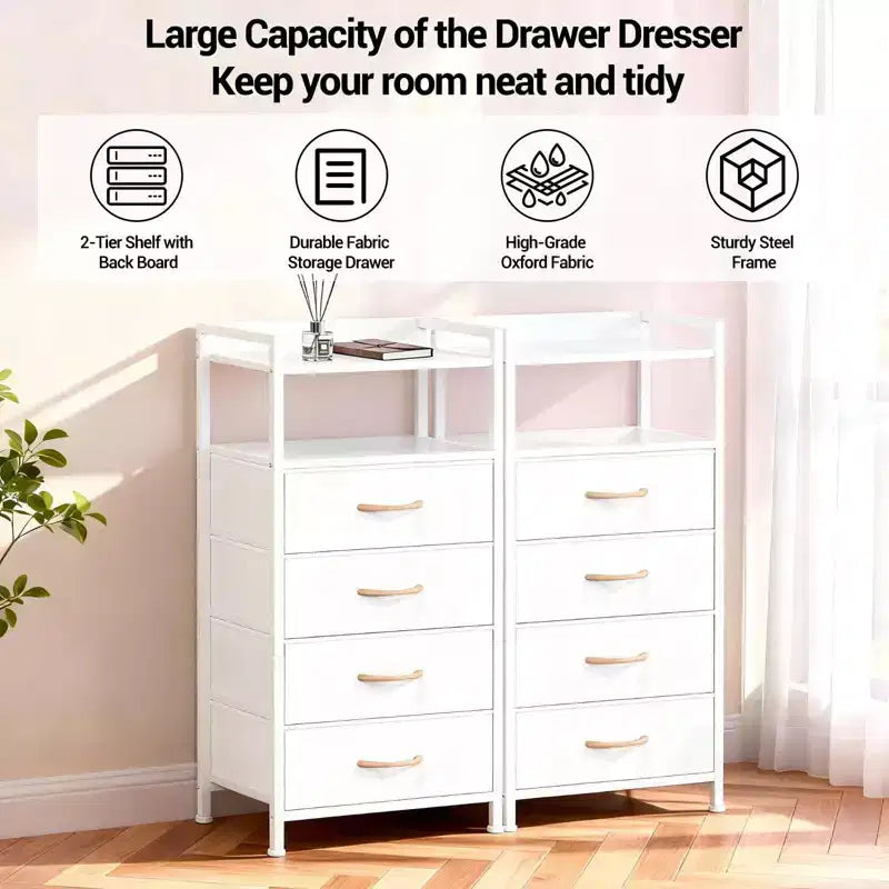 Modern Tall Bedside table with LED Lights - 4 Fabric Drawers, Top Shelf, Steel Frame, Narrow Cabinet for Bedroom, Dorm, Hallway Sofa Side Table