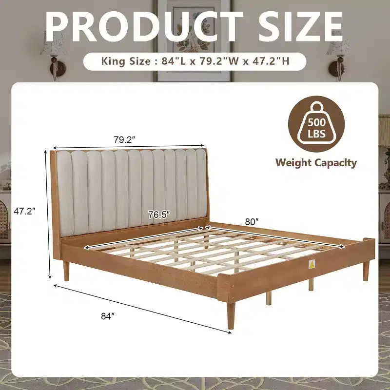 Zevemomo King Size Wooden Platform Bed Frame with Piano Key Style Upholstered Headboard, Strengthened Frame, No Box Spring Needed, Wheat
