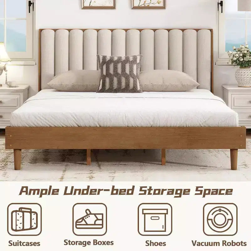 Zevemomo King Size Wooden Platform Bed Frame with Piano Key Style Upholstered Headboard, Strengthened Frame, No Box Spring Needed, Wheat