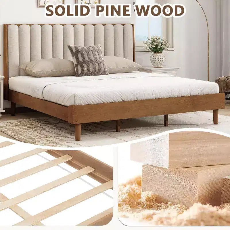 Zevemomo King Size Wooden Platform Bed Frame with Piano Key Style Upholstered Headboard, Strengthened Frame, No Box Spring Needed, Wheat