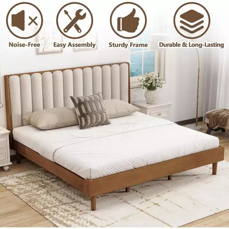 Zevemomo King Size Wooden Platform Bed Frame with Piano Key Style Upholstered Headboard, Strengthened Frame, No Box Spring Needed, Wheat