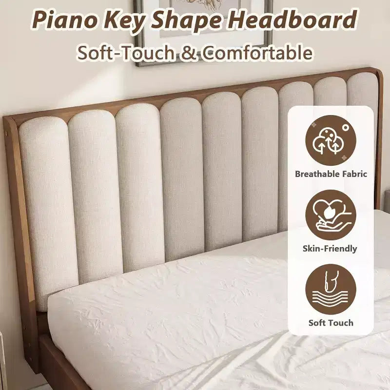 Zevemomo King Size Wooden Platform Bed Frame with Piano Key Style Upholstered Headboard, Strengthened Frame, No Box Spring Needed, Wheat