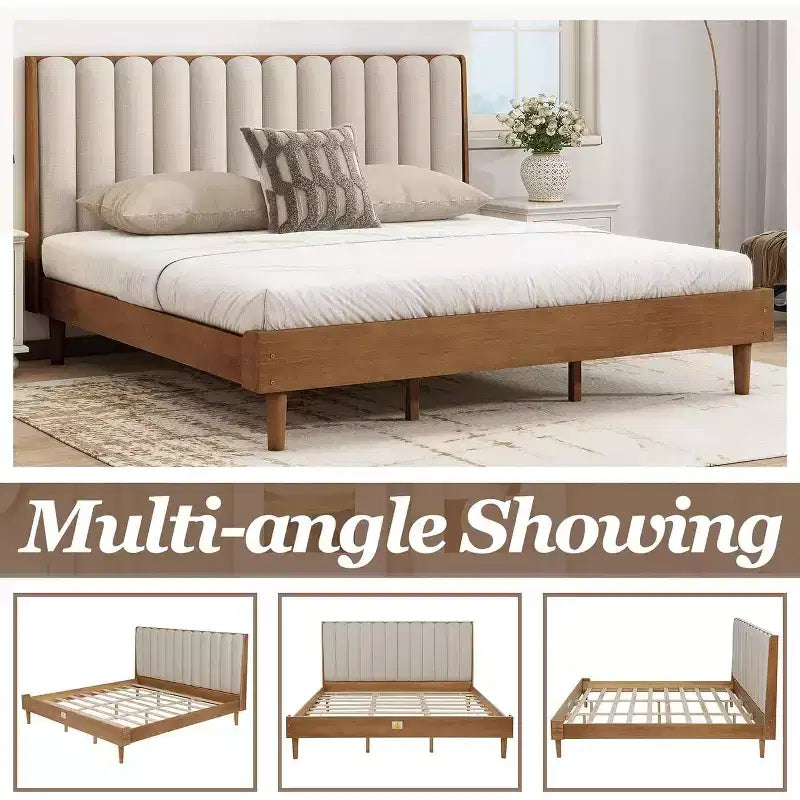 Zevemomo King Size Wooden Platform Bed Frame with Piano Key Style Upholstered Headboard, Strengthened Frame, No Box Spring Needed, Wheat