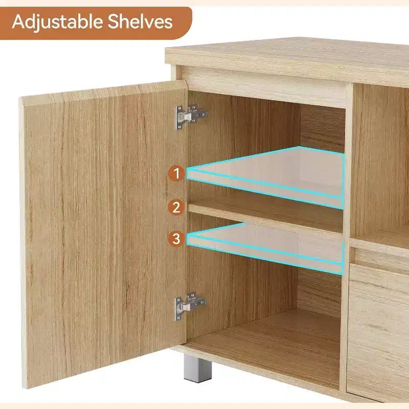 Boho Rattan TV Stand (Fits 70 TVs) with Adjustable Shelf & Drawer, Oak Finish Media Console for Living Room & Bedroom