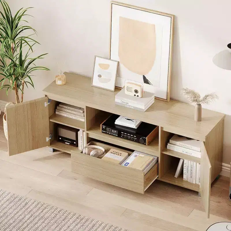Boho Rattan TV Stand (Fits 70 TVs) with Adjustable Shelf & Drawer, Oak Finish Media Console for Living Room & Bedroom