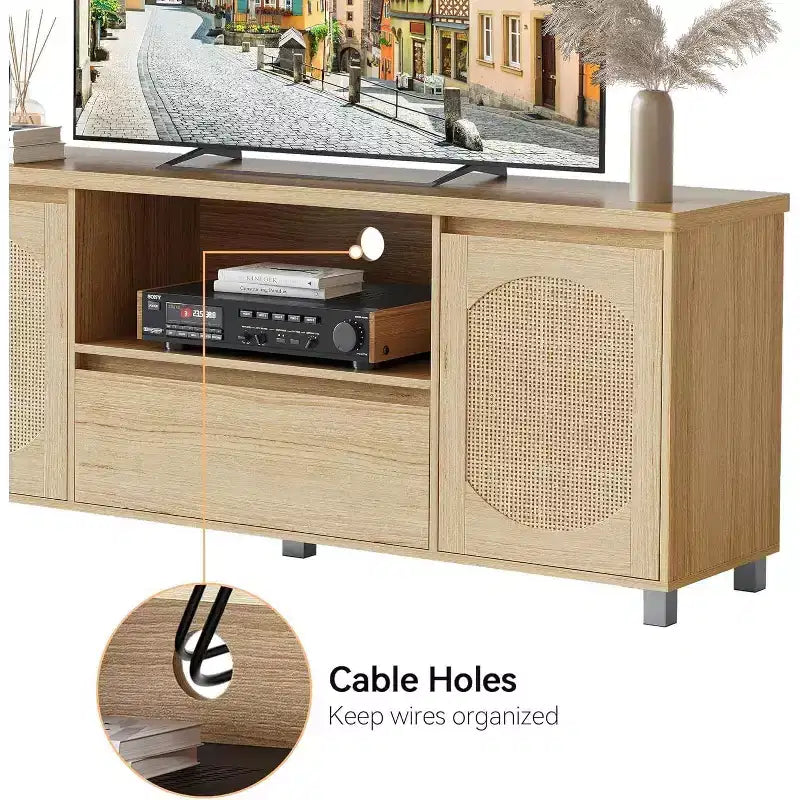 Boho Rattan TV Stand (Fits 70 TVs) with Adjustable Shelf & Drawer, Oak Finish Media Console for Living Room & Bedroom