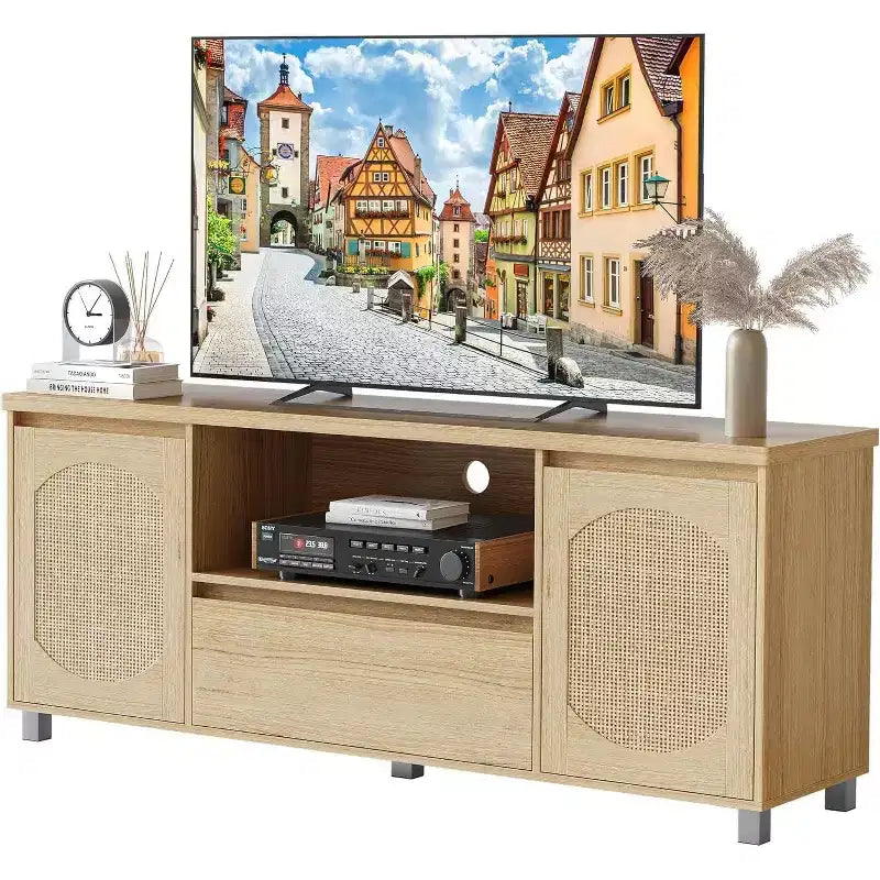 Boho Rattan TV Stand (Fits 70 TVs) with Adjustable Shelf & Drawer, Oak Finish Media Console for Living Room & Bedroom