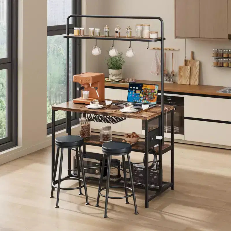 Kitchen Island with Power Outlet - Industrial Bakers Rack with 2 Stools, 3-Tier Shelves & 5 Hooks for Dining/Living Room (1-Piece Set)