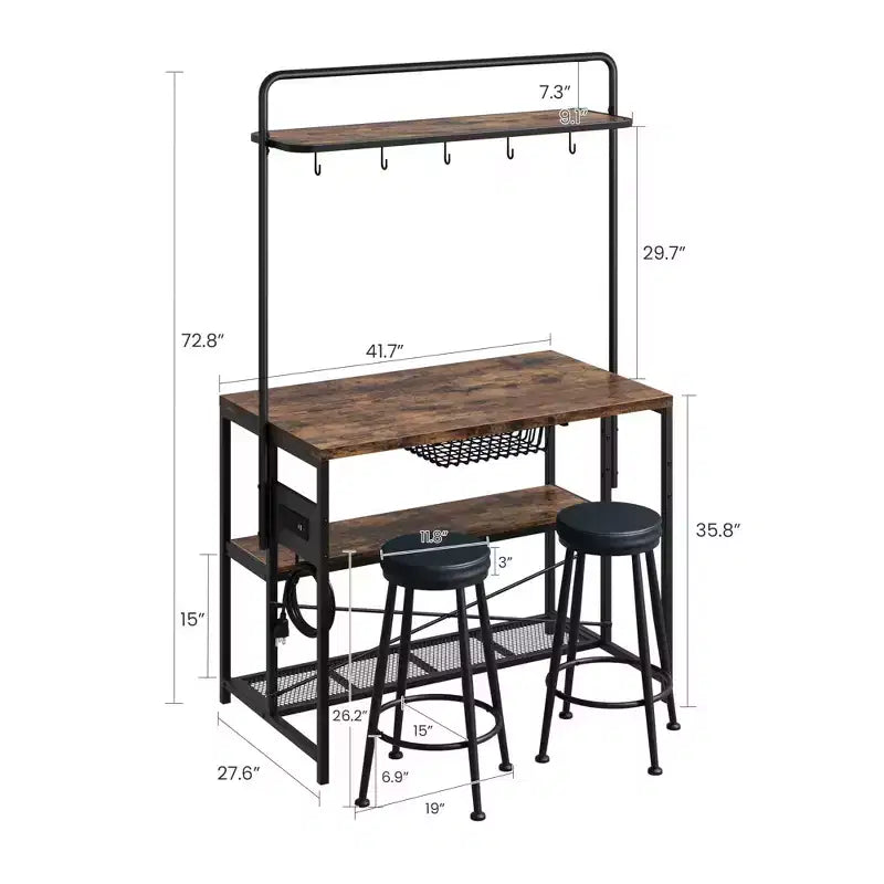 Kitchen Island with Power Outlet - Industrial Bakers Rack with 2 Stools, 3-Tier Shelves & 5 Hooks for Dining/Living Room (1-Piece Set)