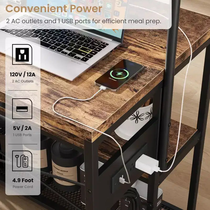 Kitchen Island with Power Outlet - Industrial Bakers Rack with 2 Stools, 3-Tier Shelves & 5 Hooks for Dining/Living Room (1-Piece Set)