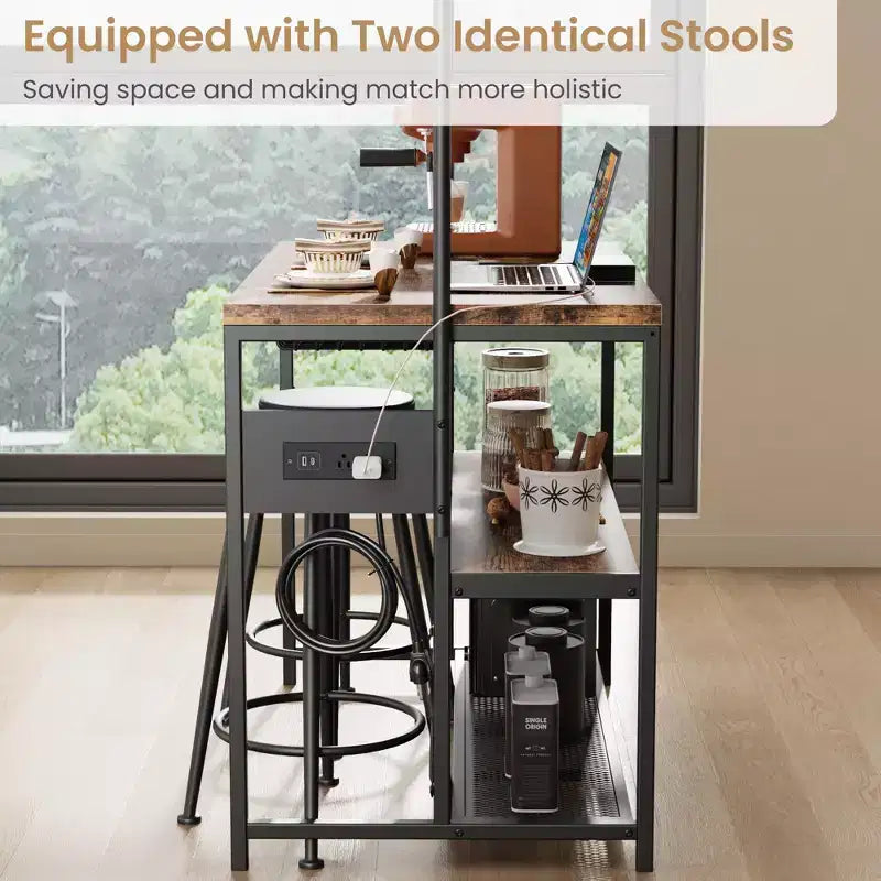 Kitchen Island with Power Outlet - Industrial Bakers Rack with 2 Stools, 3-Tier Shelves & 5 Hooks for Dining/Living Room (1-Piece Set)