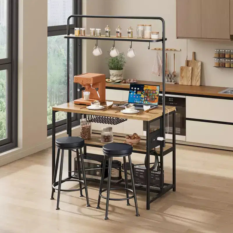 Kitchen Island with Power Outlet - Industrial Bakers Rack with 2 Stools, 3-Tier Shelves & 5 Hooks for Dining/Living Room (1-Piece Set)