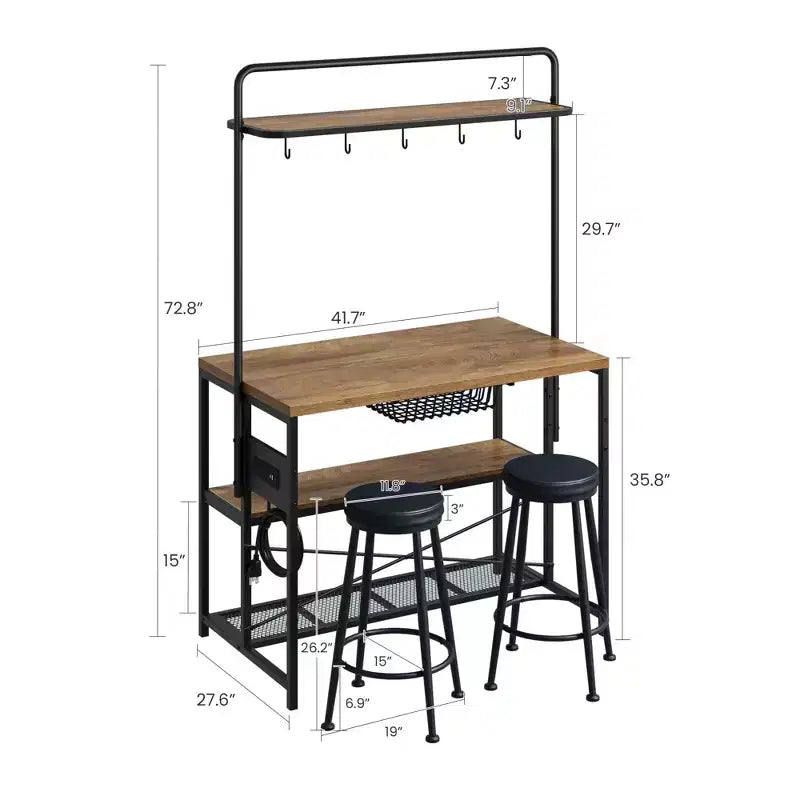 Kitchen Island with Power Outlet - Industrial Bakers Rack with 2 Stools, 3-Tier Shelves & 5 Hooks for Dining/Living Room (1-Piece Set)