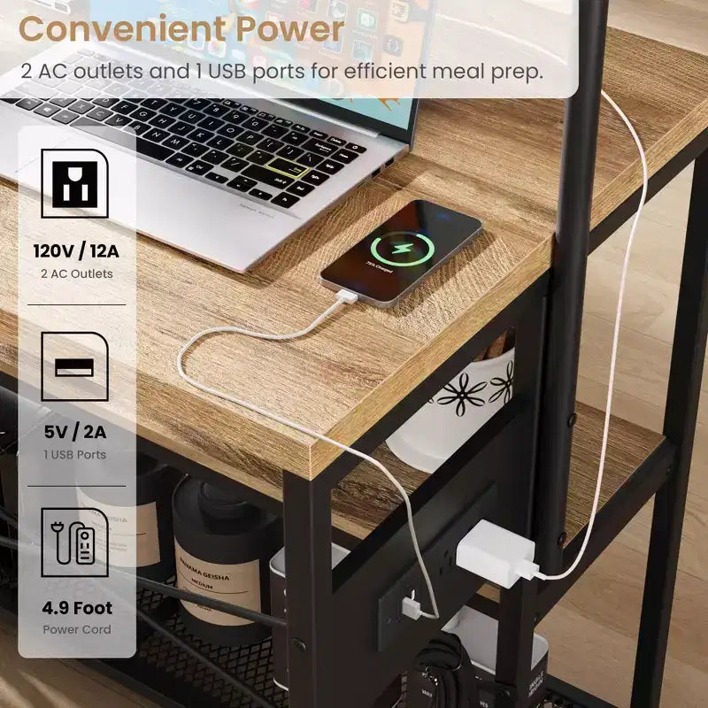 Kitchen Island with Power Outlet - Industrial Bakers Rack with 2 Stools, 3-Tier Shelves & 5 Hooks for Dining/Living Room (1-Piece Set)