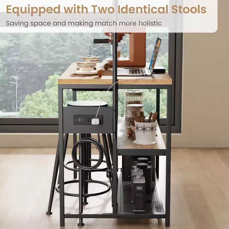 Kitchen Island with Power Outlet - Industrial Bakers Rack with 2 Stools, 3-Tier Shelves & 5 Hooks for Dining/Living Room (1-Piece Set)