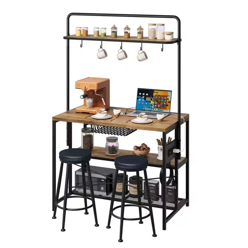Kitchen Island with Power Outlet - Industrial Bakers Rack with 2 Stools, 3-Tier Shelves & 5 Hooks for Dining/Living Room (1-Piece Set)