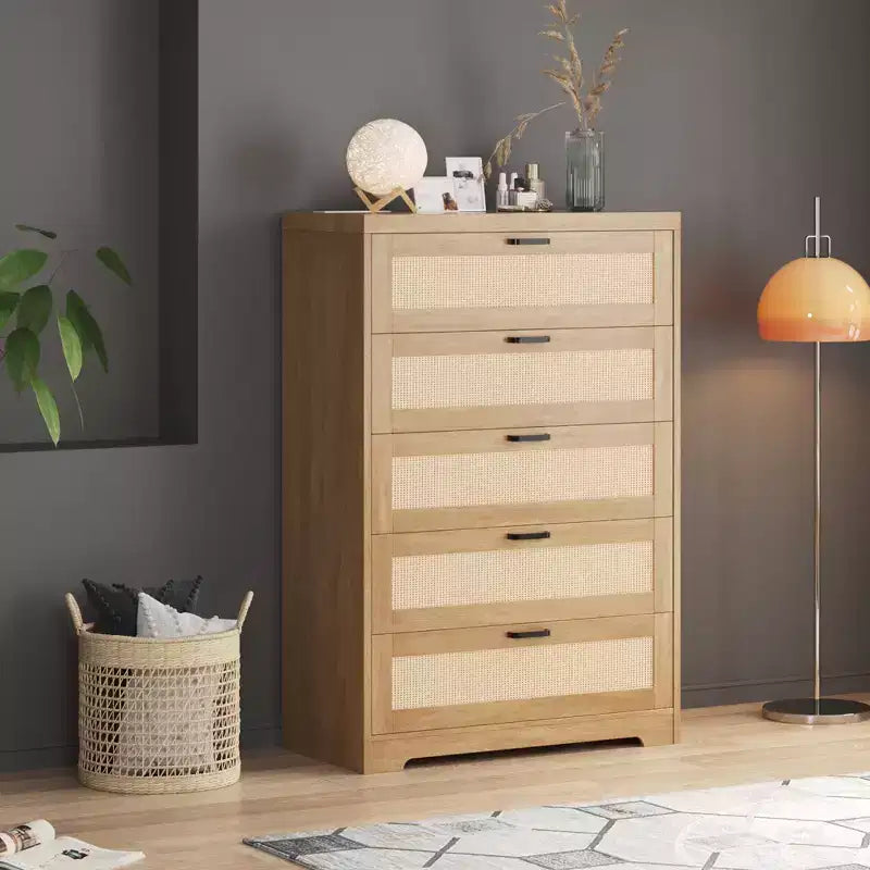 COZONY 31.5'' Tall Rattan Dresser with 5 Drawers, Wooden Storage Chest with Wide Top for Bedroom & Entryway