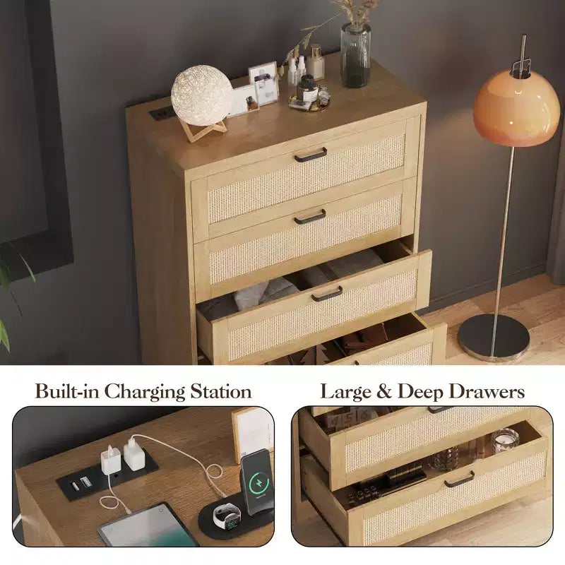 COZONY 31.5'' Tall Rattan Dresser with 5 Drawers, Wooden Storage Chest with Wide Top for Bedroom & Entryway