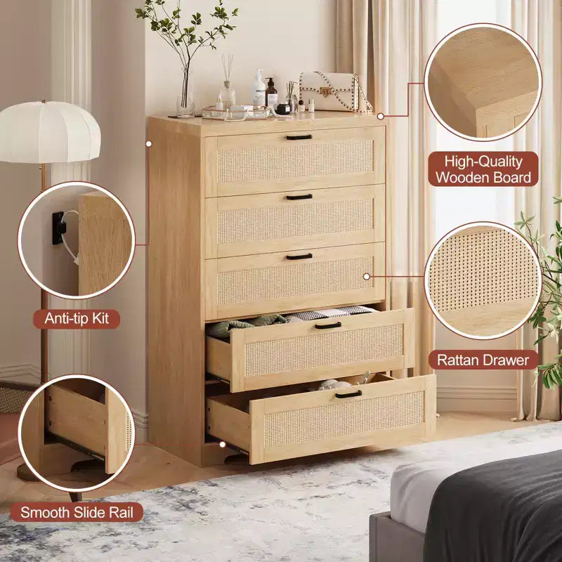 COZONY 31.5'' Tall Rattan Dresser with 5 Drawers, Wooden Storage Chest with Wide Top for Bedroom & Entryway