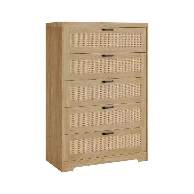 COZONY 31.5'' Tall Rattan Dresser with 5 Drawers, Wooden Storage Chest with Wide Top for Bedroom & Entryway