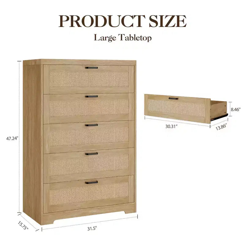 COZONY 31.5'' Tall Rattan Dresser with 5 Drawers, Wooden Storage Chest with Wide Top for Bedroom & Entryway