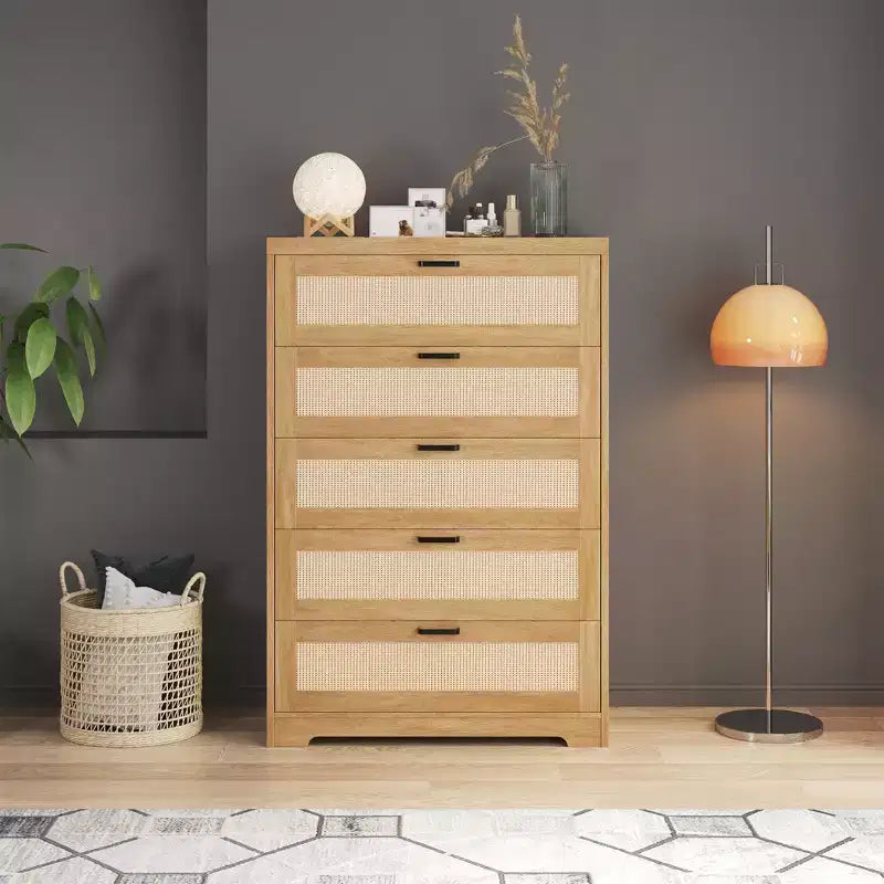 COZONY 31.5'' Tall Rattan Dresser with 5 Drawers, Wooden Storage Chest with Wide Top for Bedroom & Entryway