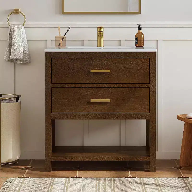 30 Freestanding Farmhouse Vanity Cabinet with Sink, 2 Drawers & Open Shelf, Adjustable Feet for Easy Leveling, Walnut