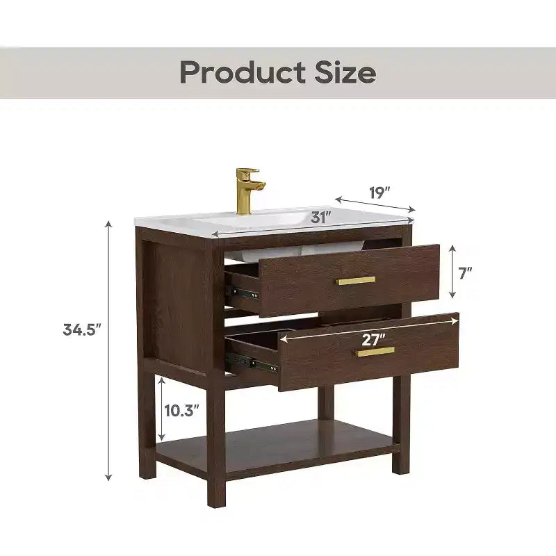 30 Freestanding Farmhouse Vanity Cabinet with Sink, 2 Drawers & Open Shelf, Adjustable Feet for Easy Leveling, Walnut