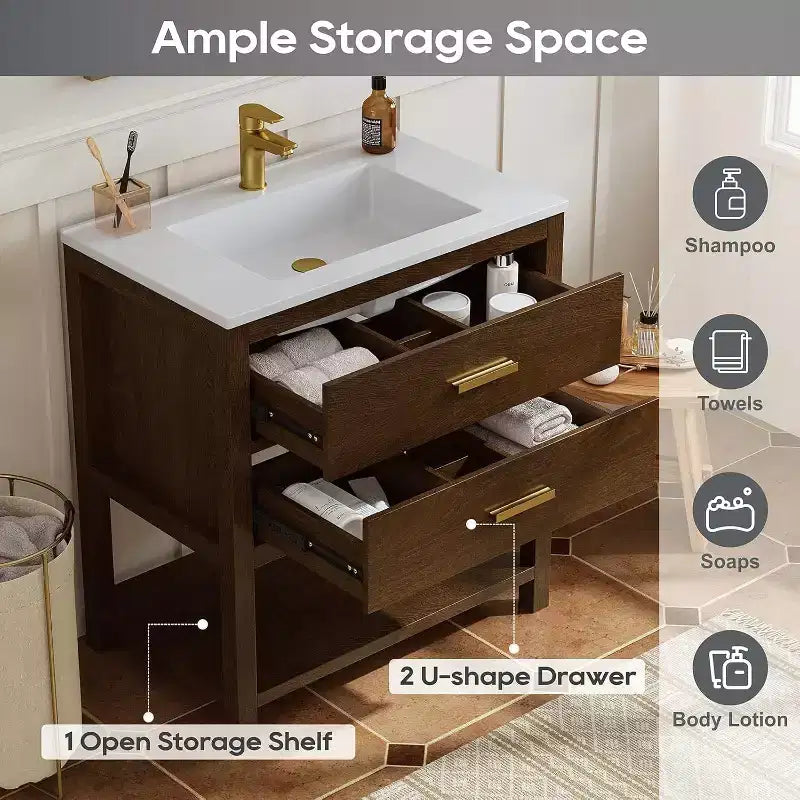30 Freestanding Farmhouse Vanity Cabinet with Sink, 2 Drawers & Open Shelf, Adjustable Feet for Easy Leveling, Walnut