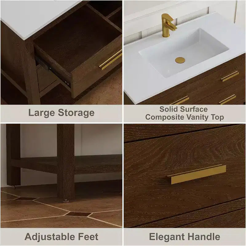 30 Freestanding Farmhouse Vanity Cabinet with Sink, 2 Drawers & Open Shelf, Adjustable Feet for Easy Leveling, Walnut