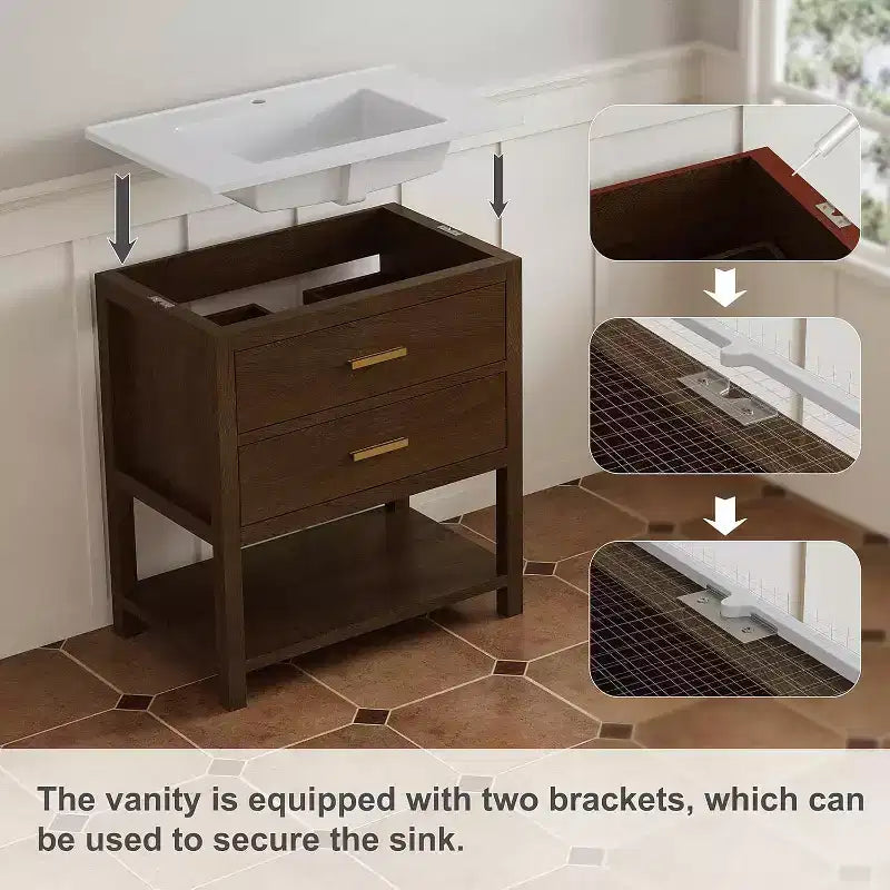 30 Freestanding Farmhouse Vanity Cabinet with Sink, 2 Drawers & Open Shelf, Adjustable Feet for Easy Leveling, Walnut