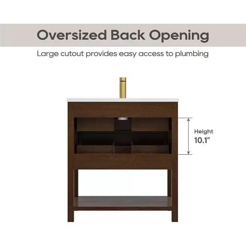 30 Freestanding Farmhouse Vanity Cabinet with Sink, 2 Drawers & Open Shelf, Adjustable Feet for Easy Leveling, Walnut