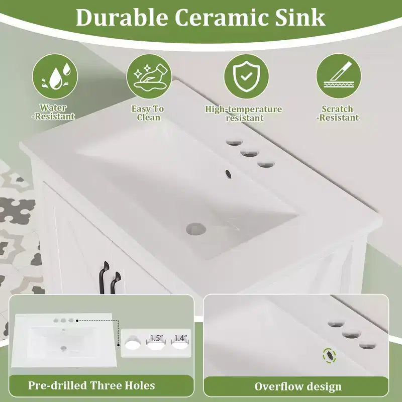 24/30 Modern Bathroom Vanity with Ceramic Sink - Freestanding Cabinet with 2 Doors & 1 Storage Drawer for Small Bathroom Storage