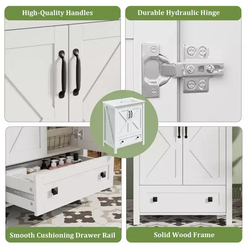 24/30 Modern Bathroom Vanity with Ceramic Sink - Freestanding Cabinet with 2 Doors & 1 Storage Drawer for Small Bathroom Storage