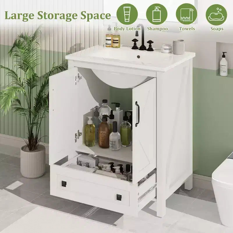 24/30 Modern Bathroom Vanity with Ceramic Sink - Freestanding Cabinet with 2 Doors & 1 Storage Drawer for Small Bathroom Storage