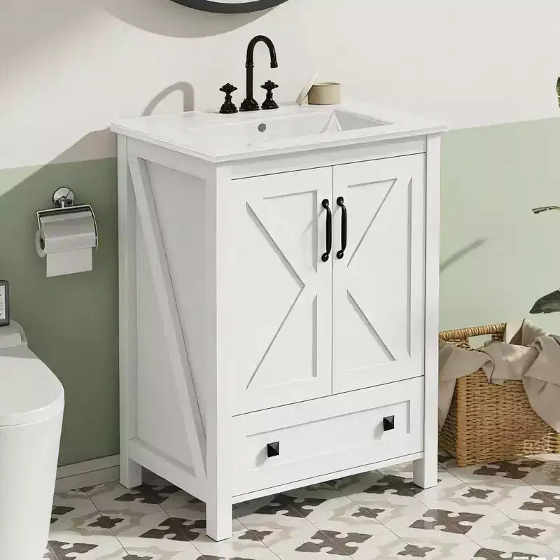 24/30 Modern Bathroom Vanity with Ceramic Sink - Freestanding Cabinet with 2 Doors & 1 Storage Drawer for Small Bathroom Storage