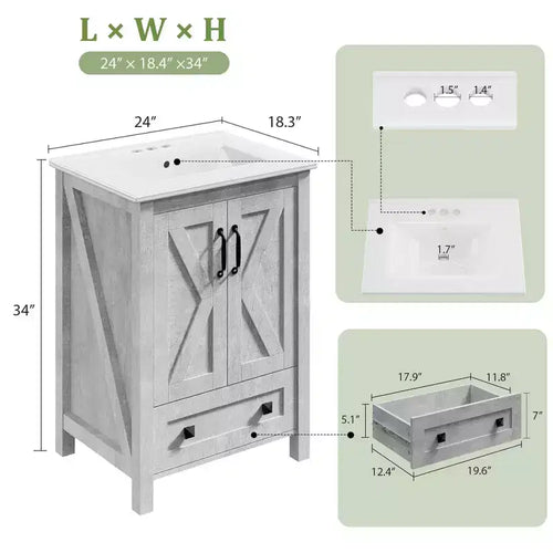 24/30 Modern Bathroom Vanity with Ceramic Sink - Freestanding Cabinet with 2 Doors & 1 Storage Drawer for Small Bathroom Storage