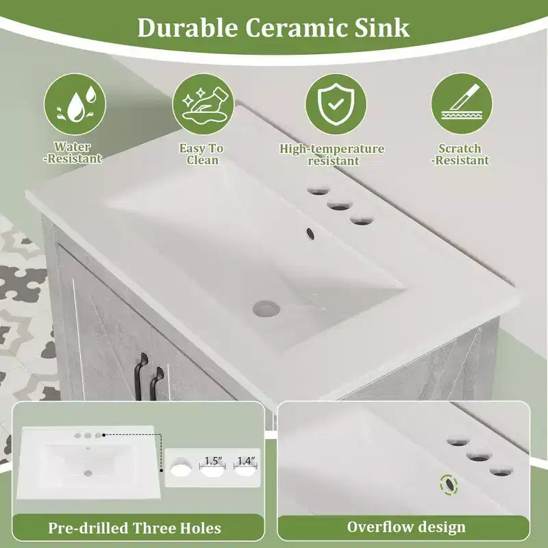 24/30 Modern Bathroom Vanity with Ceramic Sink - Freestanding Cabinet with 2 Doors & 1 Storage Drawer for Small Bathroom Storage