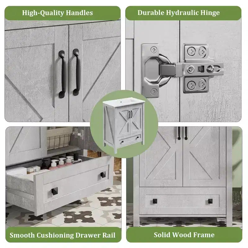 24/30 Modern Bathroom Vanity with Ceramic Sink - Freestanding Cabinet with 2 Doors & 1 Storage Drawer for Small Bathroom Storage