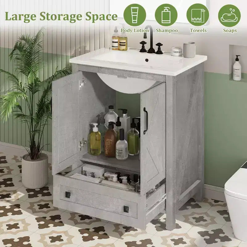 24/30 Modern Bathroom Vanity with Ceramic Sink - Freestanding Cabinet with 2 Doors & 1 Storage Drawer for Small Bathroom Storage