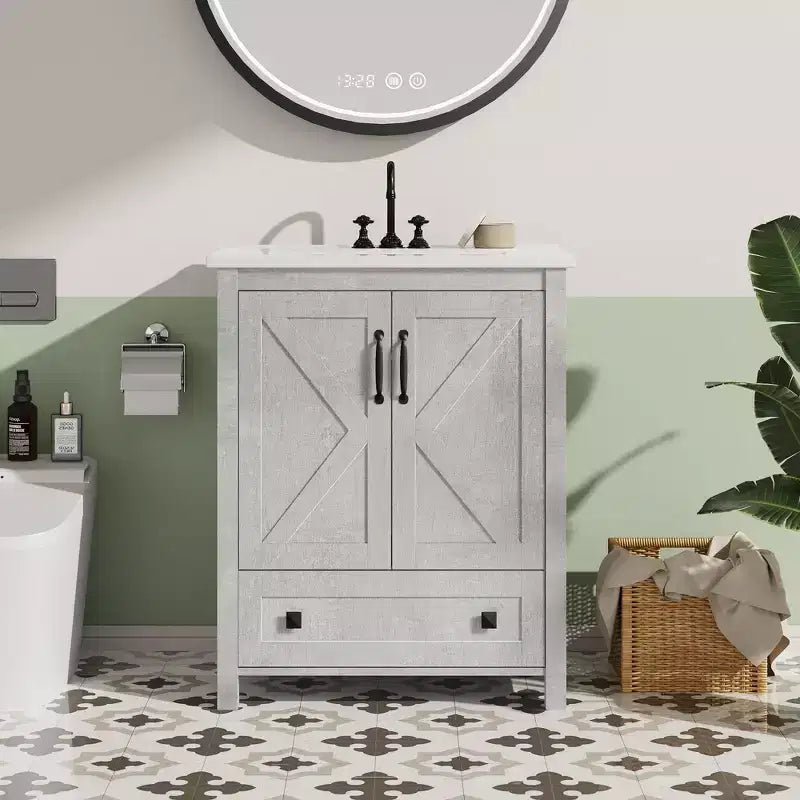 24/30 Modern Bathroom Vanity with Ceramic Sink - Freestanding Cabinet with 2 Doors & 1 Storage Drawer for Small Bathroom Storage