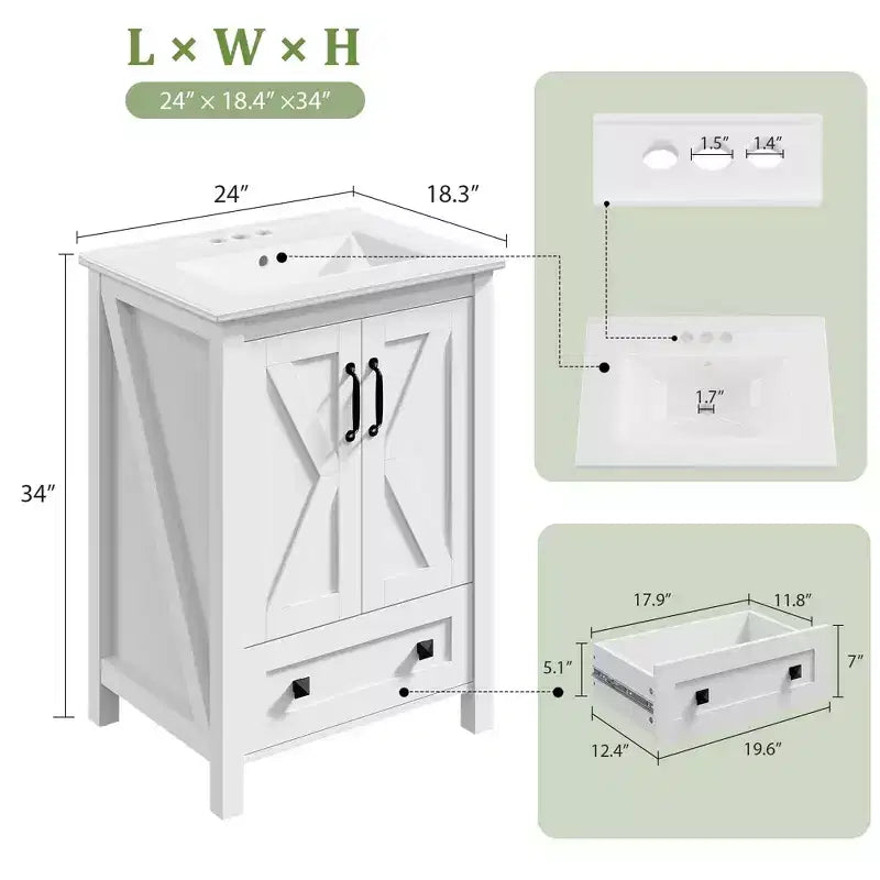 24/30 Modern Bathroom Vanity with Ceramic Sink - Freestanding Cabinet with 2 Doors & 1 Storage Drawer for Small Bathroom Storage